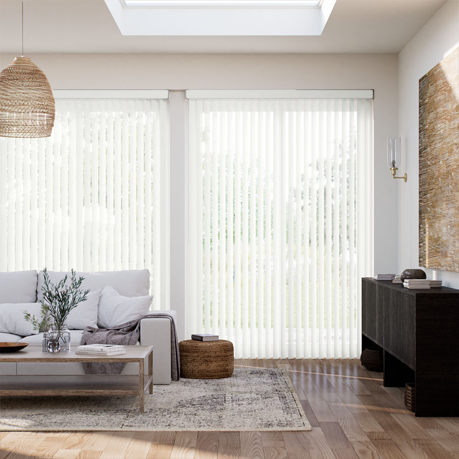 Casual Fabric Vertical Blinds in Soft Frost blocking daylight