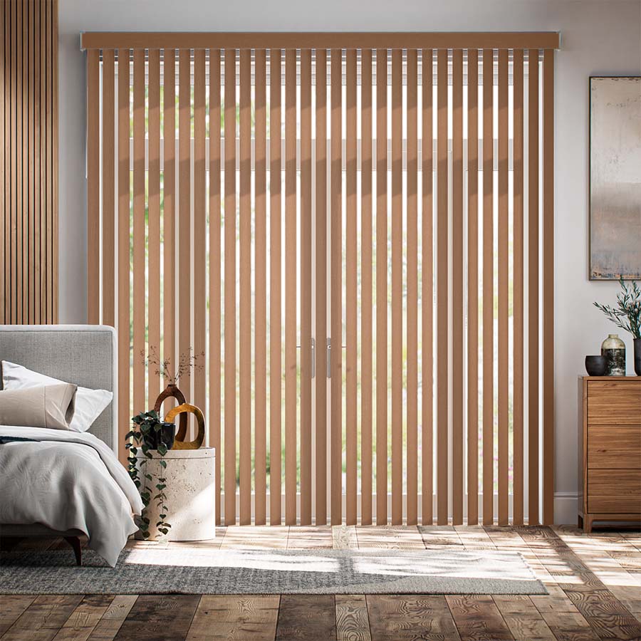 Select Canvas Vertical Blinds in Lido Stone installed over a sliding glass door